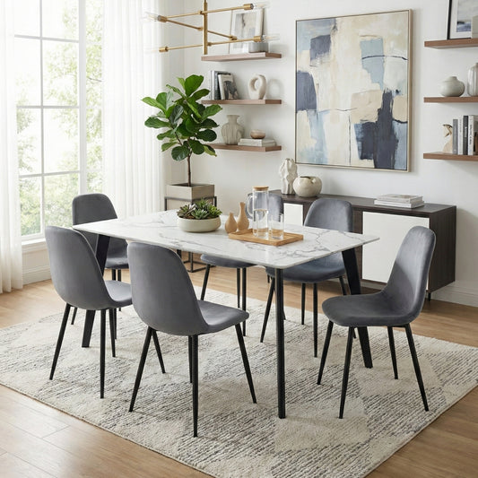 Modern 7-Piece White Faux Marble Dining Set – 63” Table with Grey Velvet Chairs