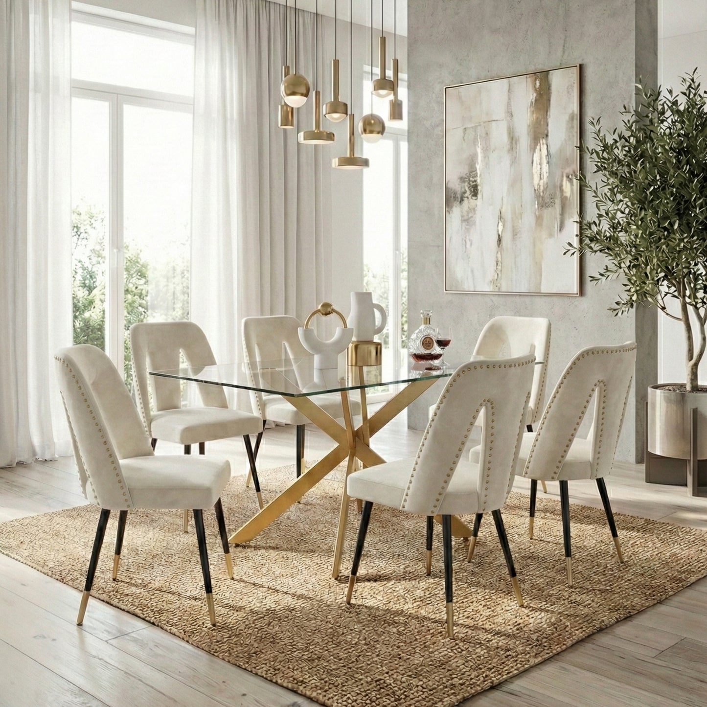 Modern 7-Piece Rectangular Glass Dining Set – 12mm Tempered Glass Table with Velvet Nailhead Chairs