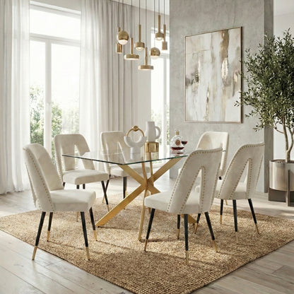 Modern 7-Piece Rectangular Glass Dining Set – 12mm Tempered Glass Table with Velvet Nailhead Chairs