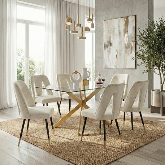 Modern 7-Piece Rectangular Glass Dining Set – 12mm Tempered Glass Table with Velvet Nailhead Chairs