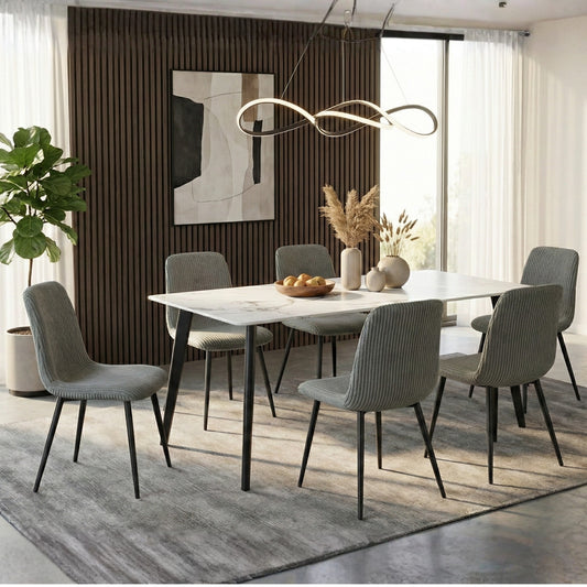 Modern 7-Piece White Faux Marble Dining Set – 63” Table with Corduroy Chairs