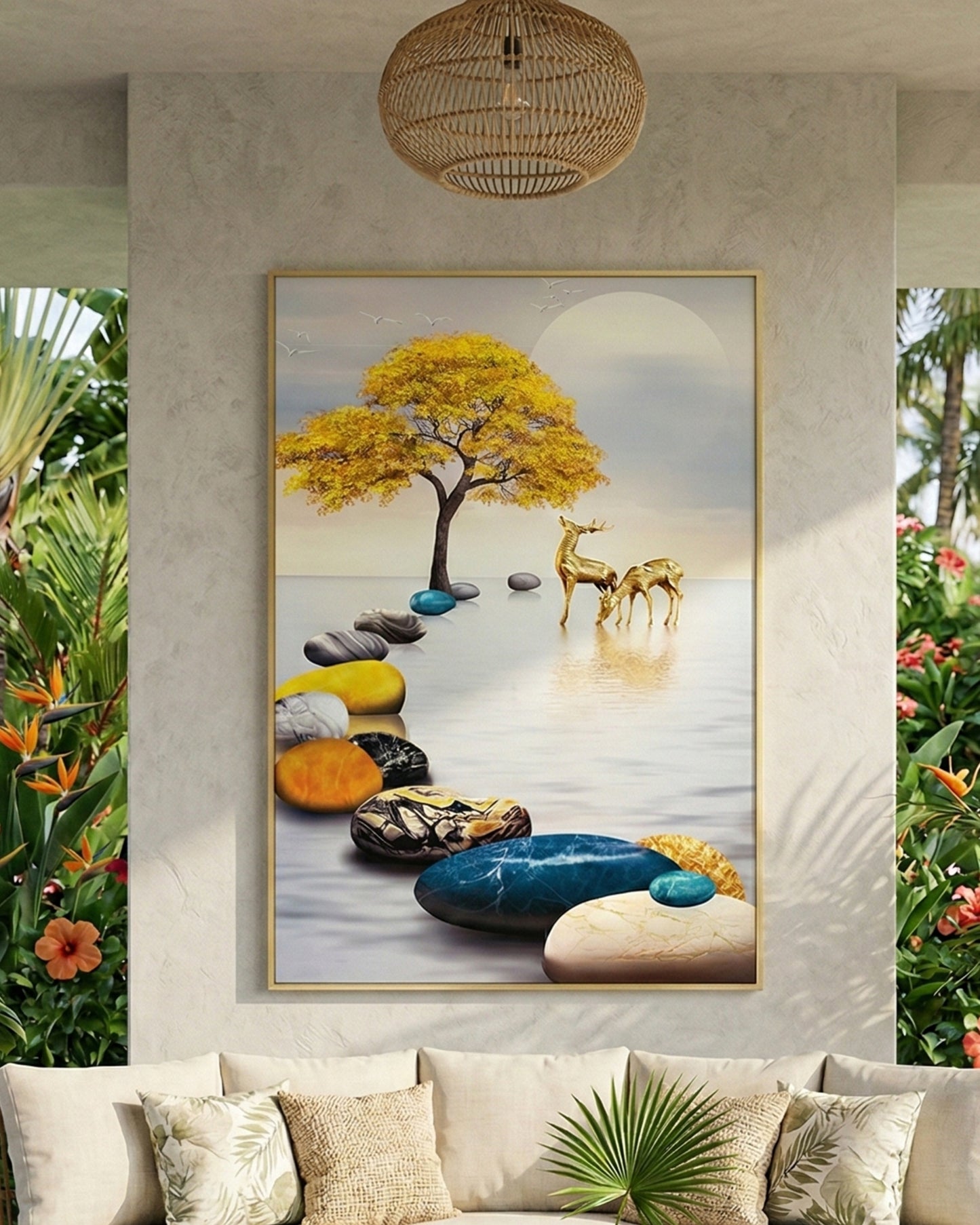 Tableau mural Cerfs Dorés avec cadre en métal 