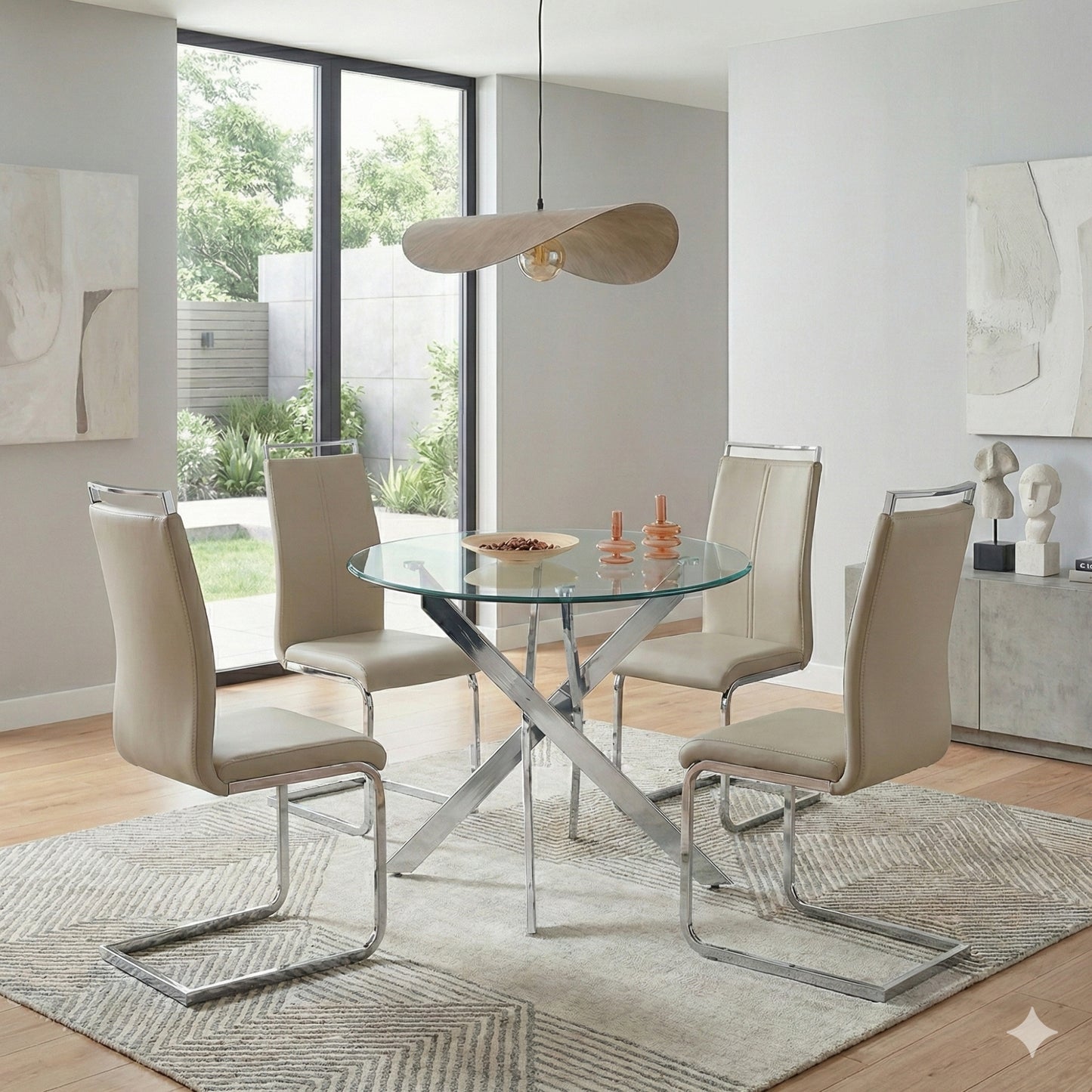 Modern Sword 5-Piece Round Glass Dining Set – 12mm Tempered Glass Table with Faux Leather Chairs