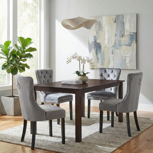 Modern Dining Set – Espresso Solid Wood Table with Tufted Nailhead Chairs