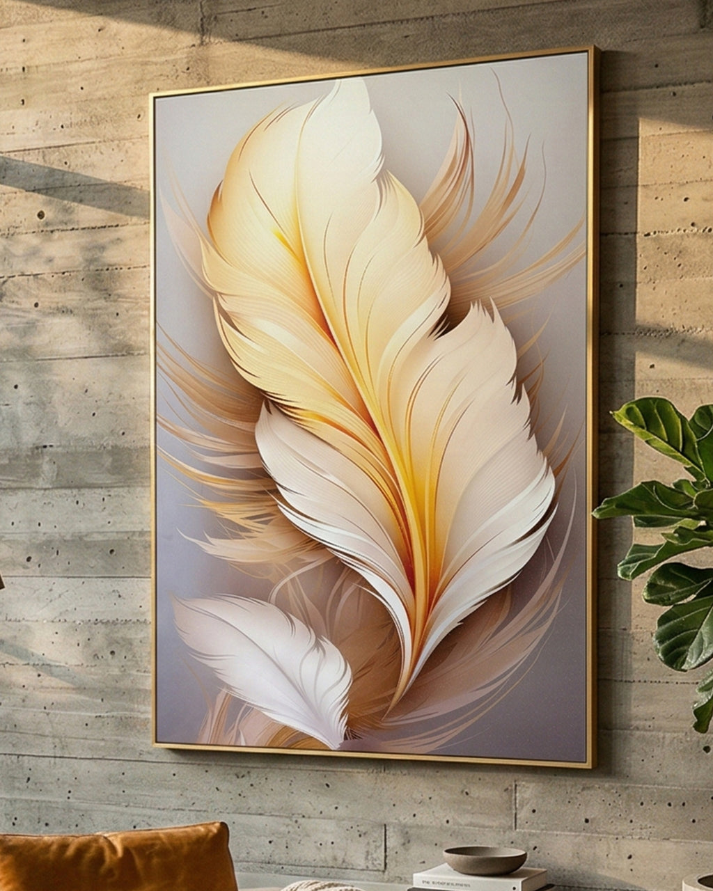 Tableau mural Plume jaune avec cadre en métal 
