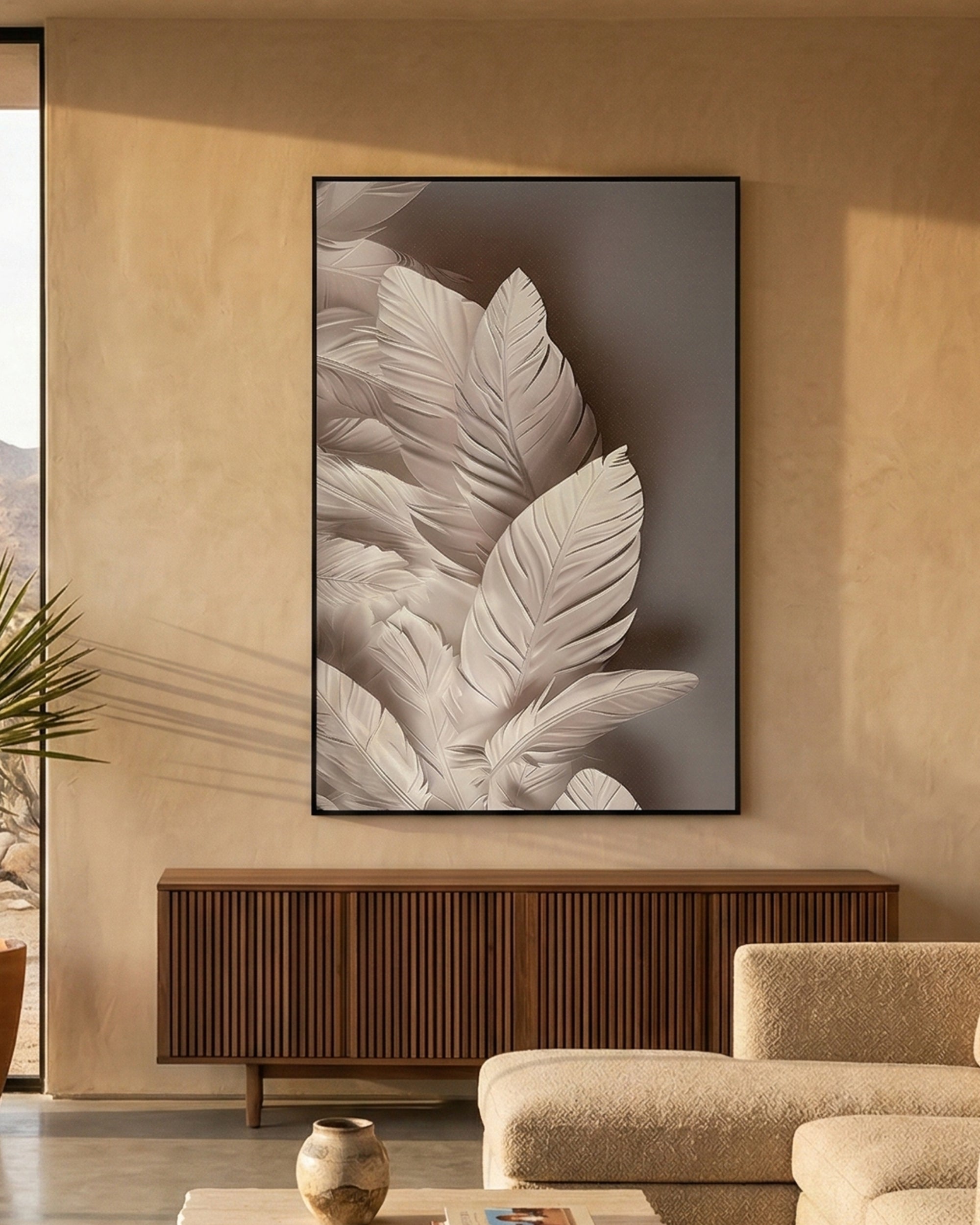 WHITE LEAFS Wall Art with Metal Frame