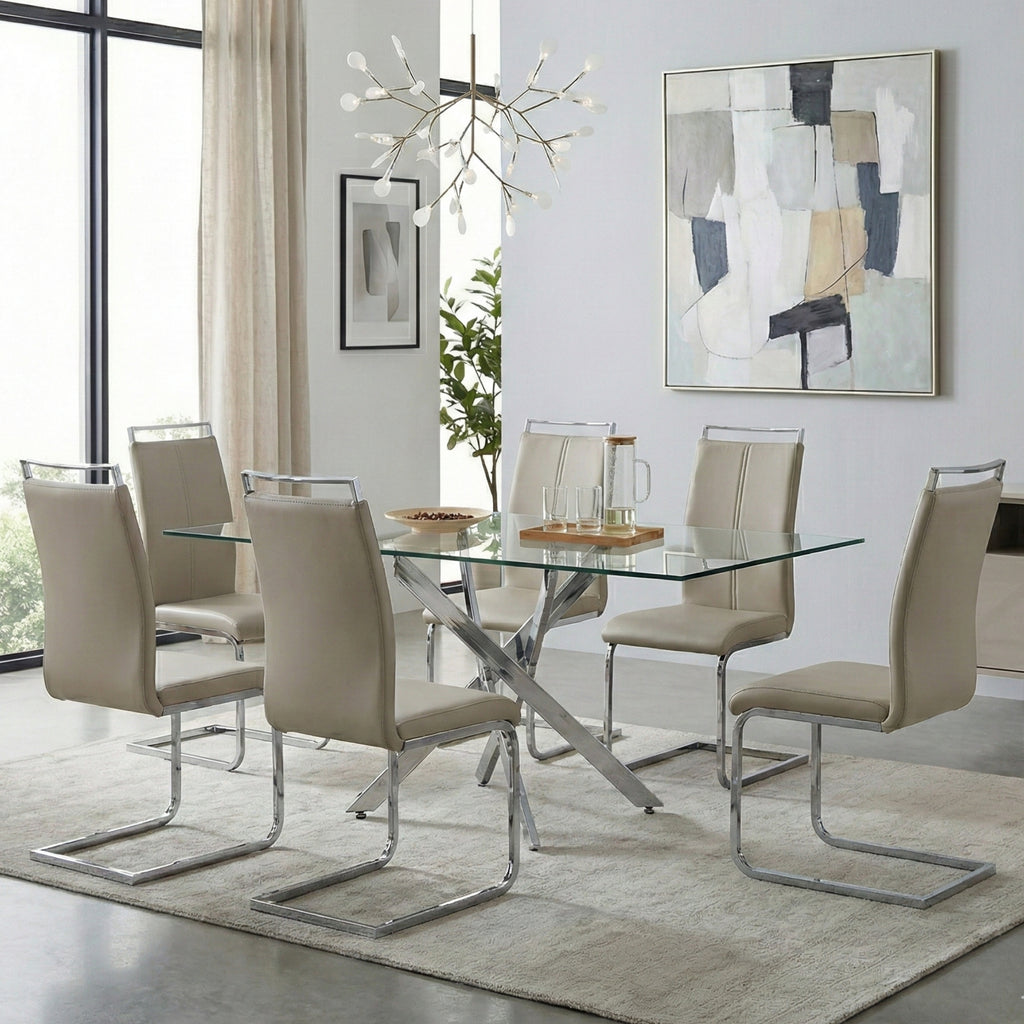 Modern Sword 7-Piece Glass Dining Set – 12mm Tempered Glass Table with Faux Leather Chairs