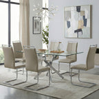 Modern Sword 7-Piece Glass Dining Set – 12mm Tempered Glass Table with Faux Leather Chairs