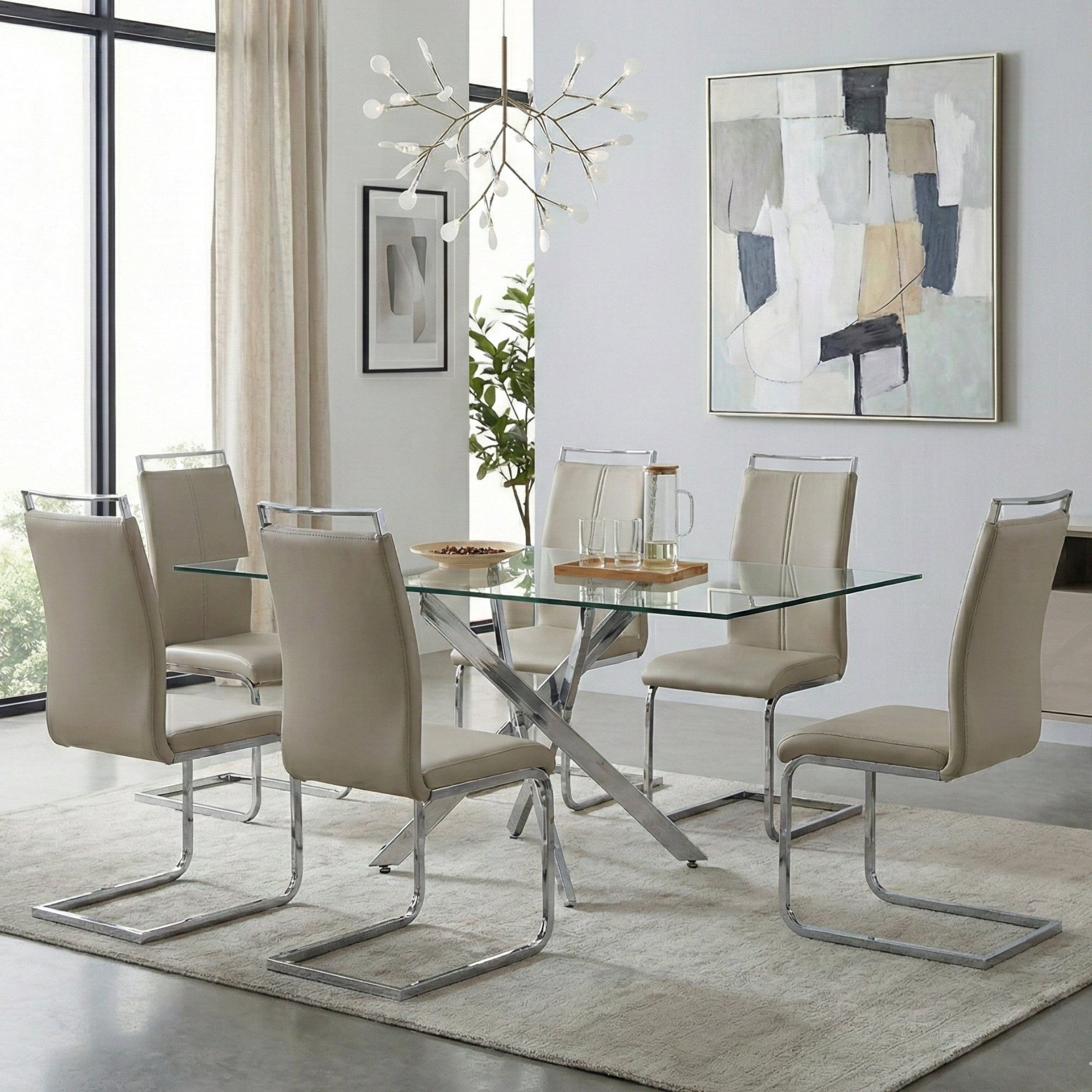 Modern Sword 7-Piece Glass Dining Set – 12mm Tempered Glass Table with Faux Leather Chairs