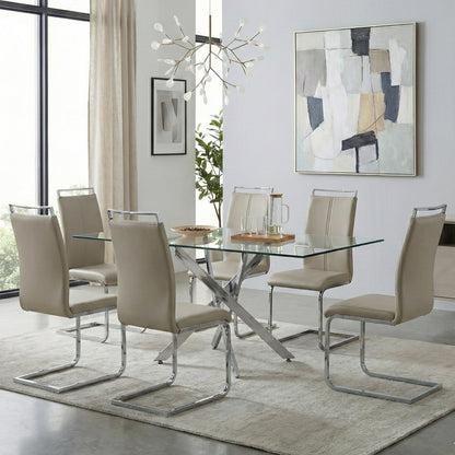 Ensemble de salle à manger Modern Sword 7 pièces en verre – Table en verre trempé de 12 mm avec chaises en similicuir