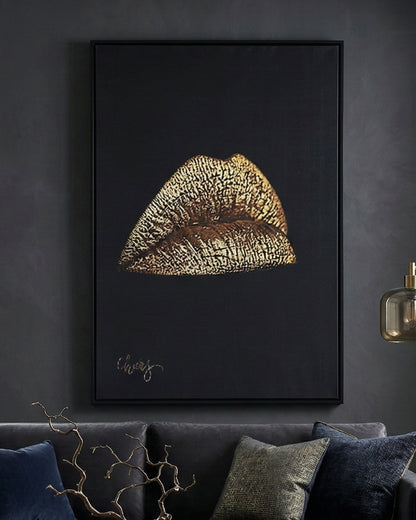 Tableau « Lèvres dorées » avec cadre en métal 