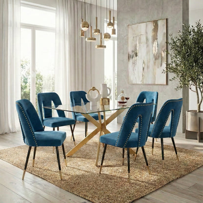 Modern 7-Piece Rectangular Glass Dining Set – 12mm Tempered Glass Table with Velvet Nailhead Chairs