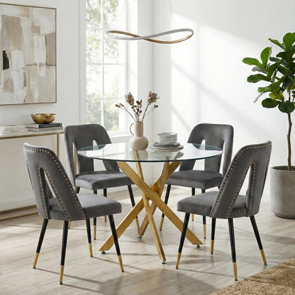 Modern 5-Piece Round Glass Dining Set – 12mm Tempered Glass Table with Velvet Nailhead Chairs