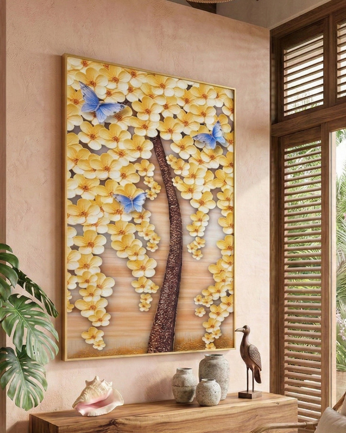 Tableau représentant un arbre aux fleurs jaunes, avec cadre en métal 