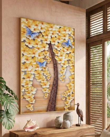 Tableau représentant un arbre aux fleurs jaunes, avec cadre en métal 