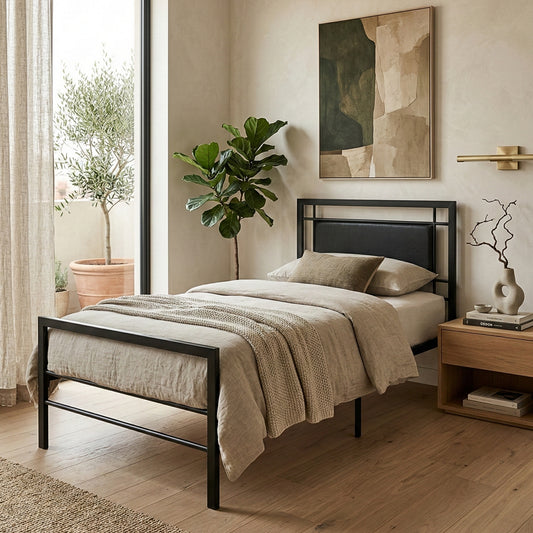 Metal Platform Bed with Upholstered Headboard – Single Size
