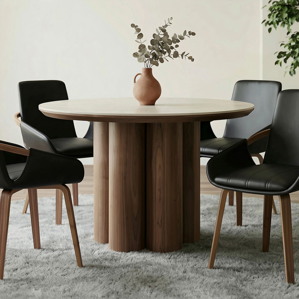 Seaton Round Dining Table, 47" in Walnut and Travertine