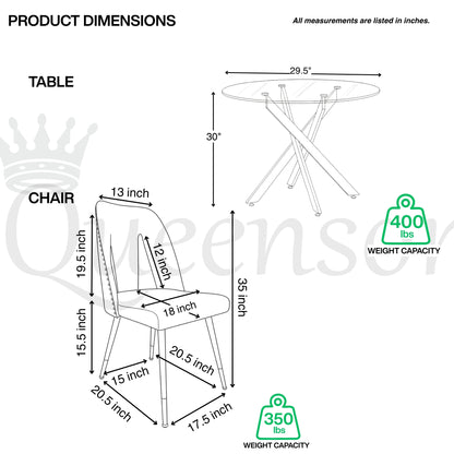 Modern 5-Piece Round Glass Dining Set – 12mm Tempered Glass Table with Velvet Nailhead Chairs