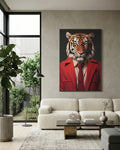 Lion au manteau rouge, tableau mural avec cadre en métal 