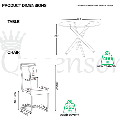 Modern Sword 5-Piece Round Glass Dining Set – 12mm Tempered Glass Table with Faux Leather Chairs
