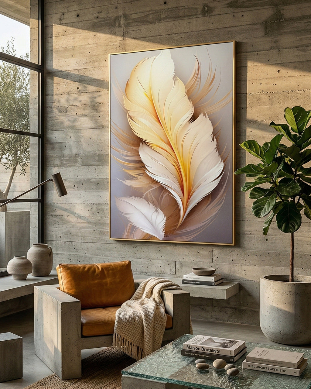 Tableau mural Plume jaune avec cadre en métal 