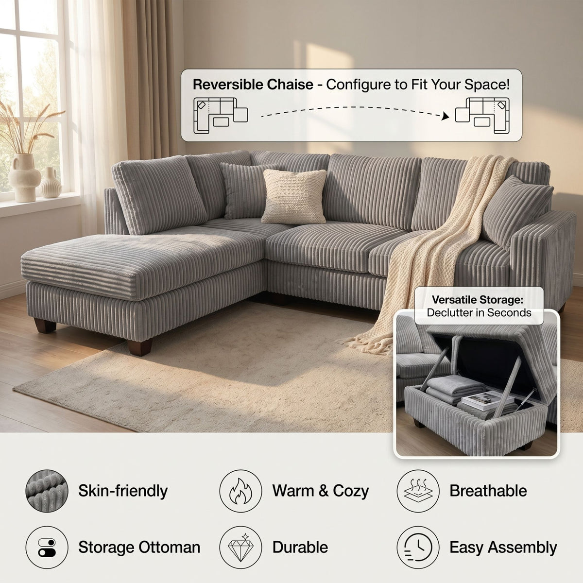 EVA GREY CORDUROY SOFA SECTIONAL WITH OTTOMAN