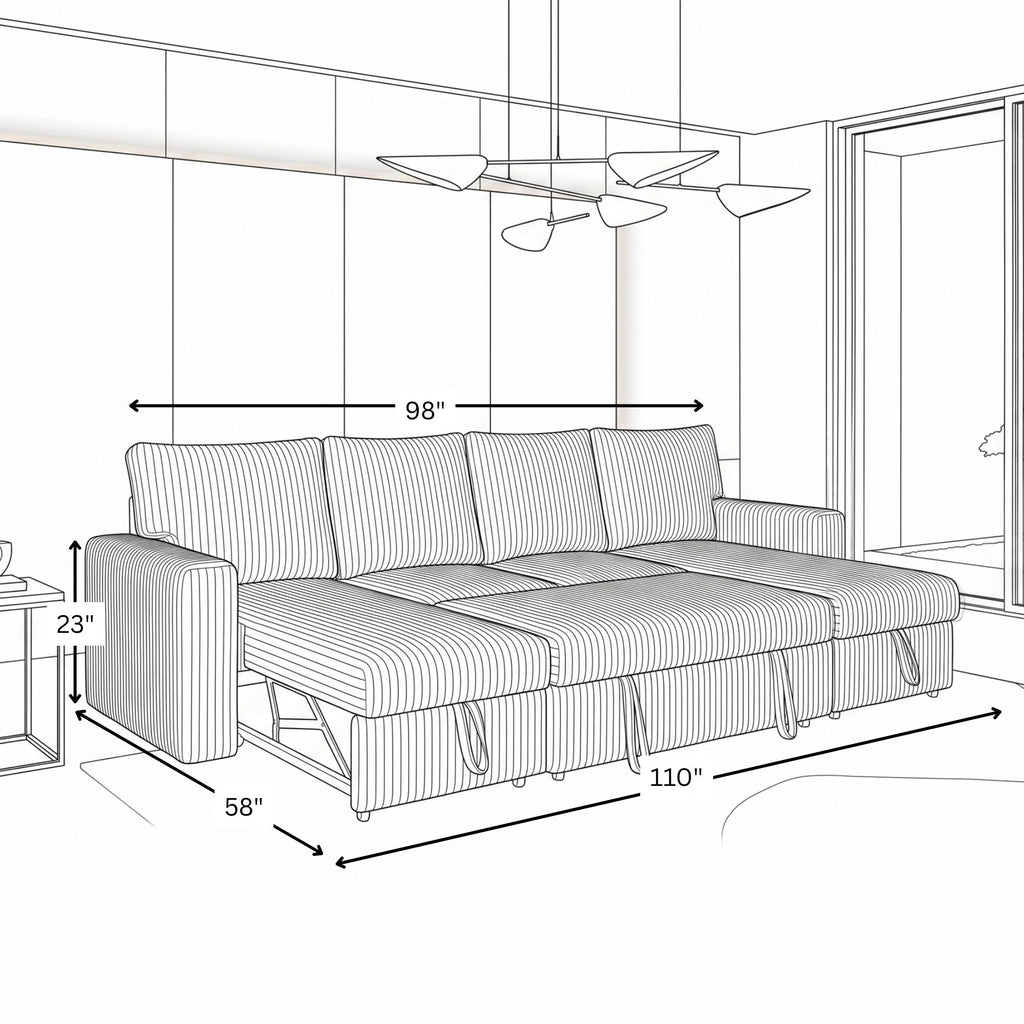 GREY CORDUROY SOFA WITH CUPHOLDERS AND CHAISE STORAGE