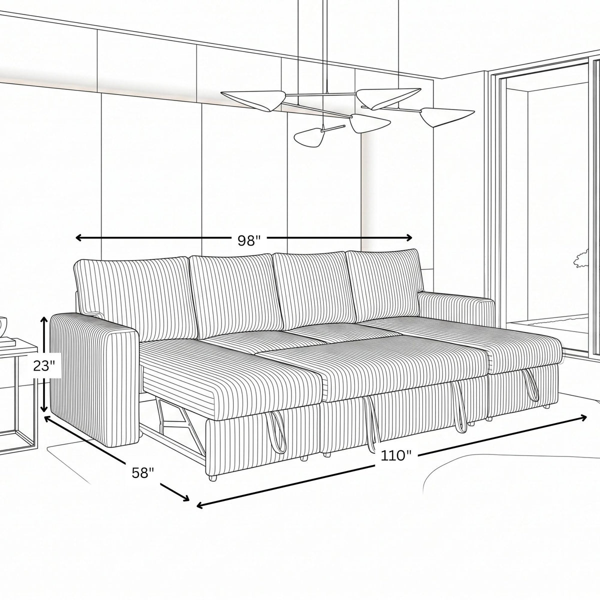 GREY CORDUROY SOFA WITH CUPHOLDERS AND CHAISE STORAGE