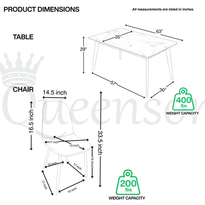 Modern 7-Piece White Faux Marble Dining Set – 63” Table with Grey Velvet Chairs