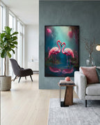 Tableau mural DEUX FLAMANTS ROSES avec cadre en métal 