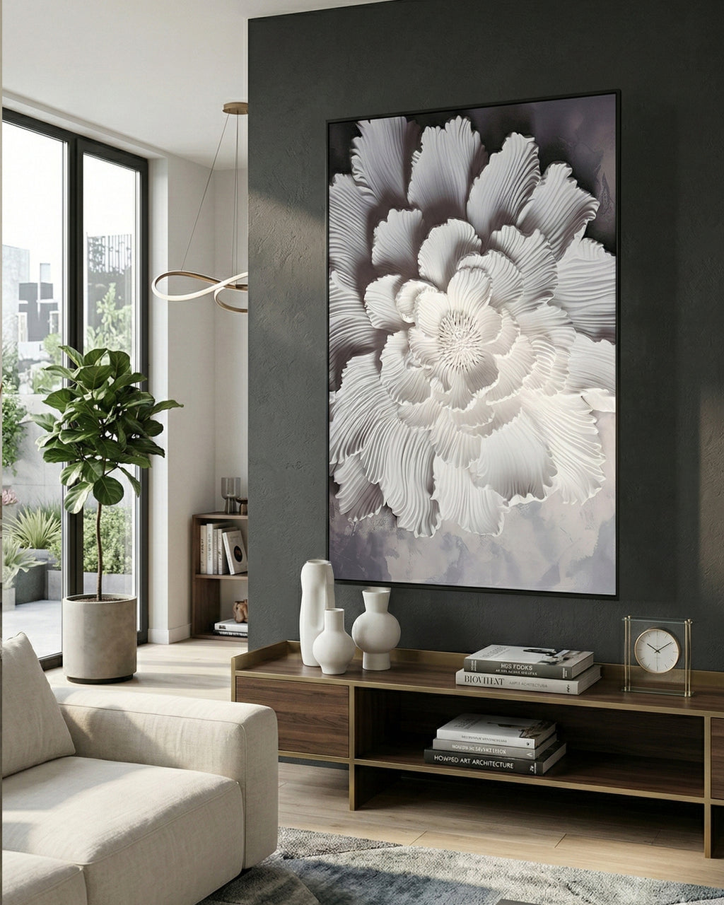 Tableau mural FLEURS BLANCHES avec cadre en métal 
