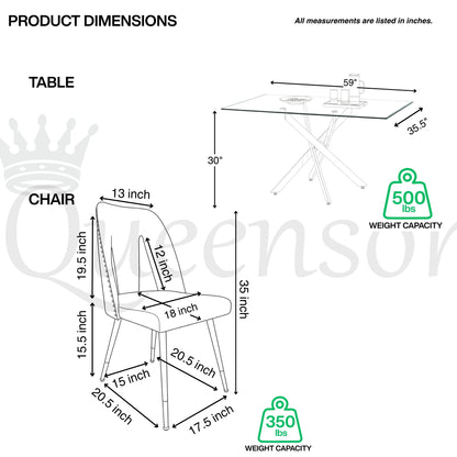 Modern 7-Piece Rectangular Glass Dining Set – 12mm Tempered Glass Table with Velvet Nailhead Chairs