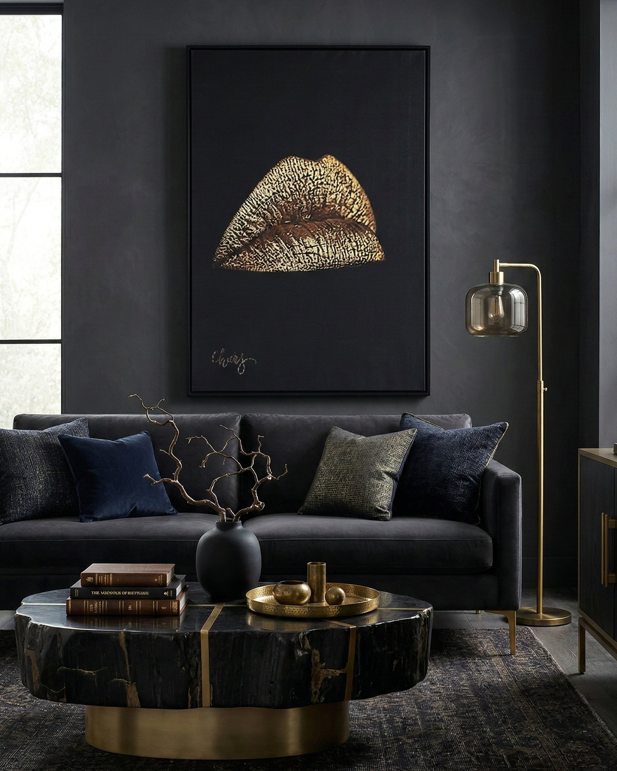 GOLDEN LIPS Wall Art with Metal Frame