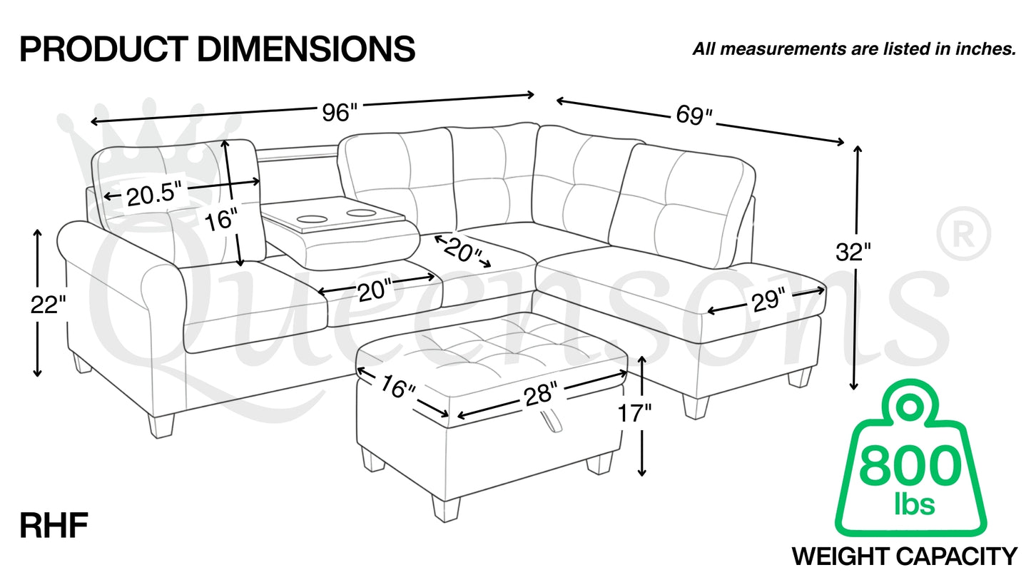 Kiva Sofa Sectional with Cupholders and Ottoman With Storage
