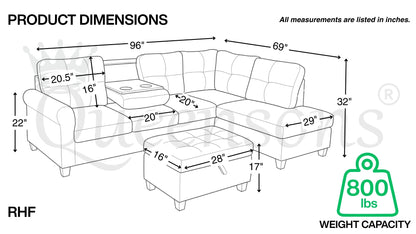 Kiva Sofa Sectional with Cupholders and Ottoman With Storage