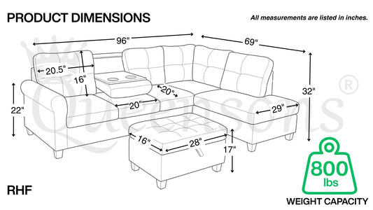 Kiva Sofa Sectional with Cupholders and Ottoman With Storage