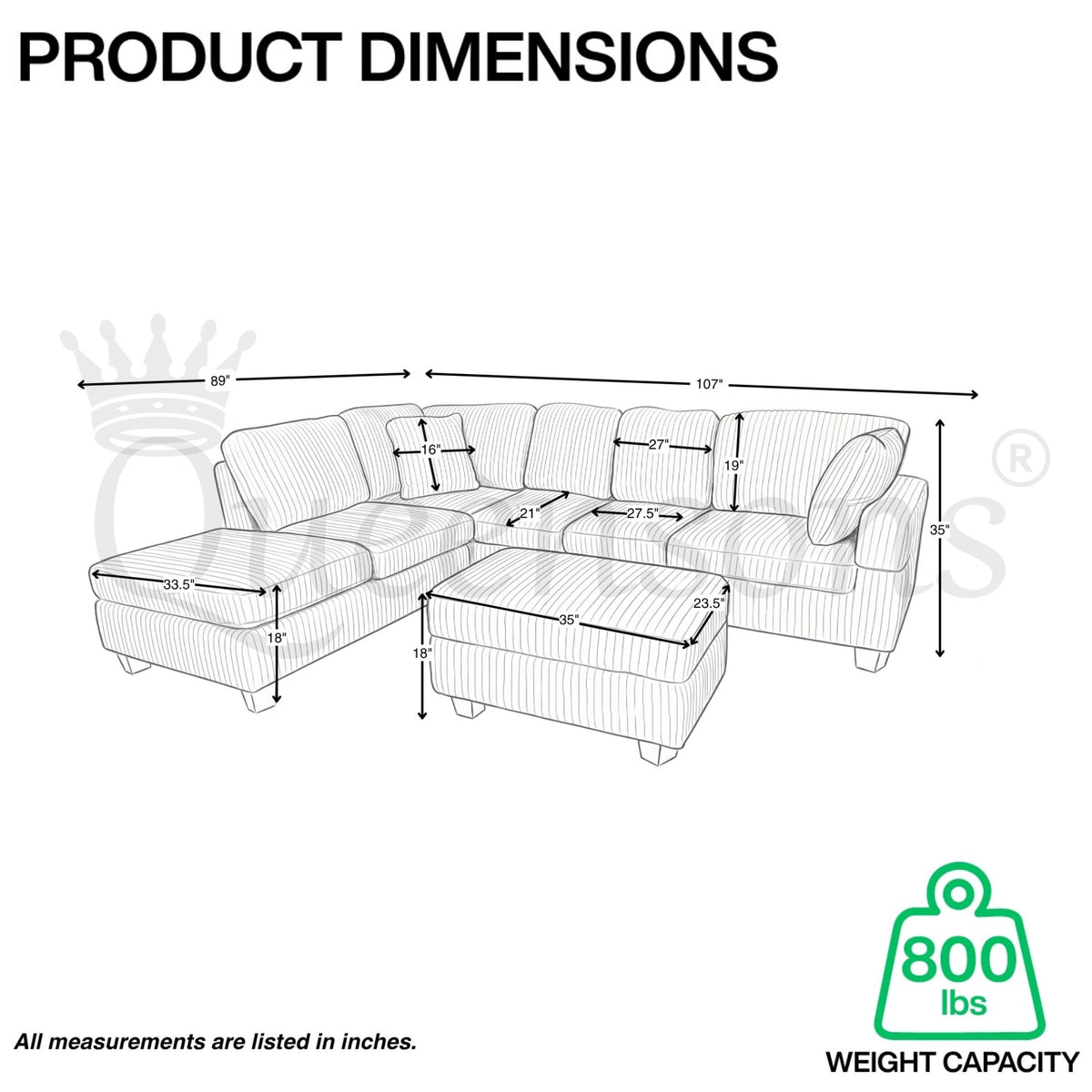 EVA GREY CORDUROY SOFA SECTIONAL WITH OTTOMAN