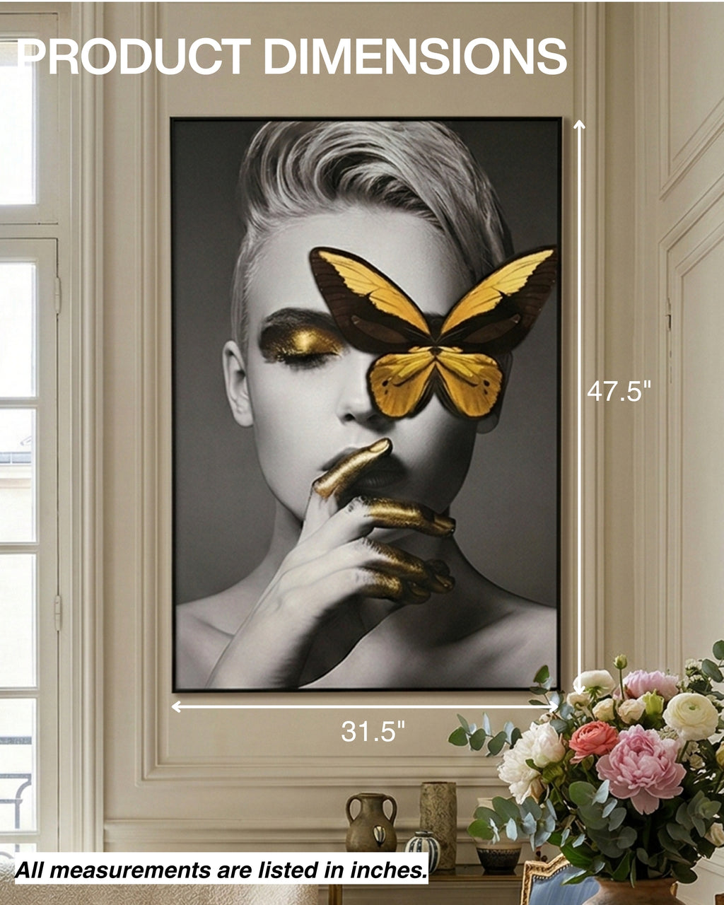 Tableau représentant une dame au papillon jaune, avec cadre en métal 