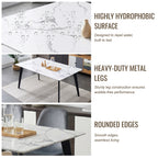 Modern 7-Piece White Faux Marble Dining Set – 63” Table with Grey Velvet Chairs