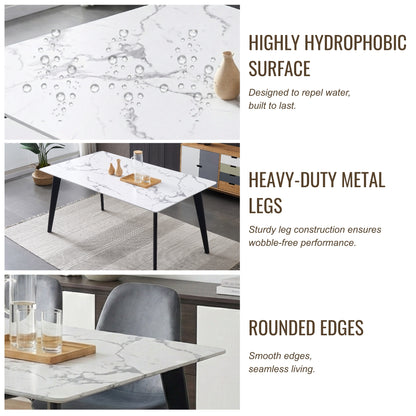 Modern 7-Piece White Faux Marble Dining Set – 63” Table with Grey Velvet Chairs