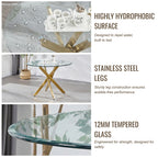 Modern 5-Piece Round Glass Dining Set – 12mm Tempered Glass Table with Velvet Nailhead Chairs