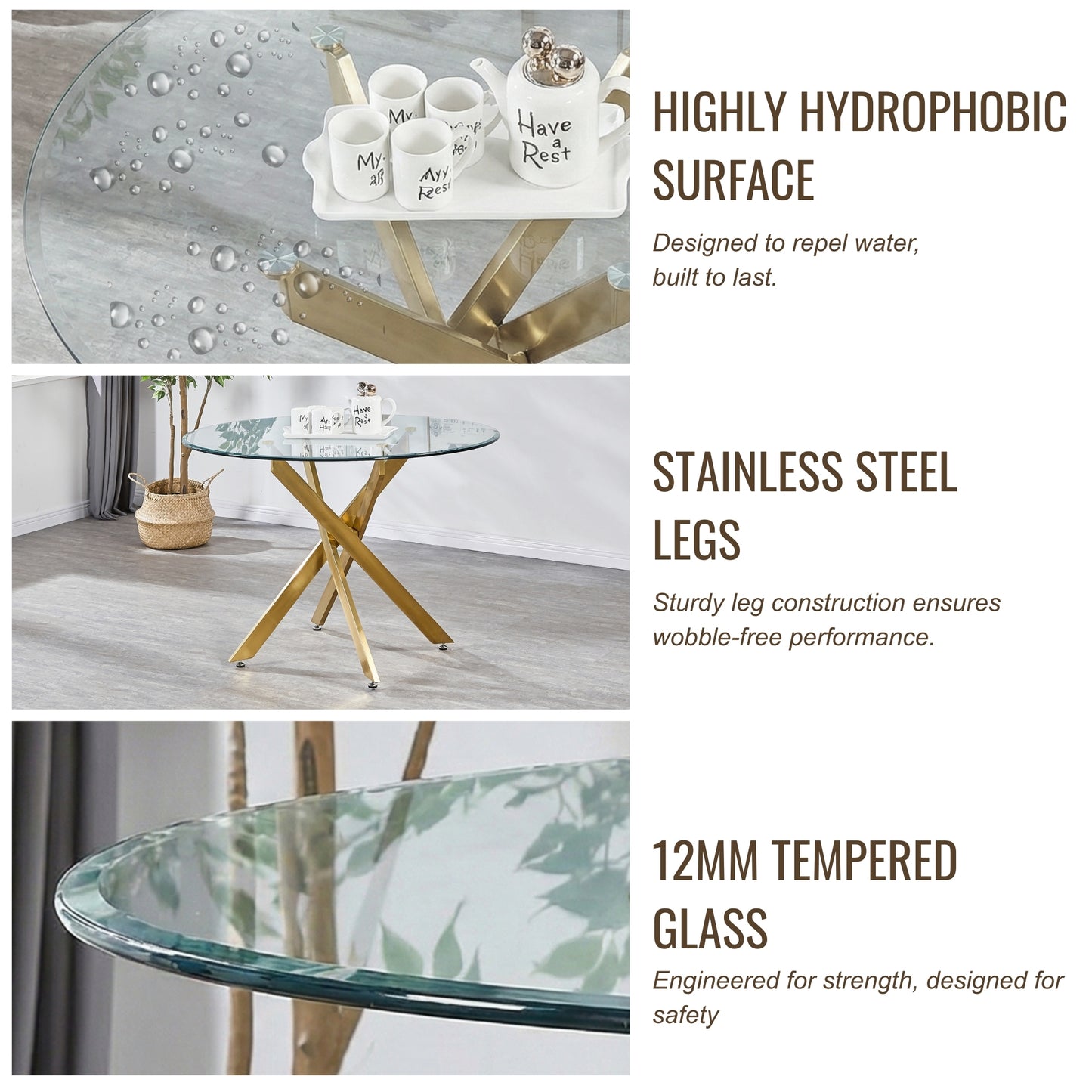 Modern 5-Piece Round Glass Dining Set – 12mm Tempered Glass Table with Velvet Nailhead Chairs