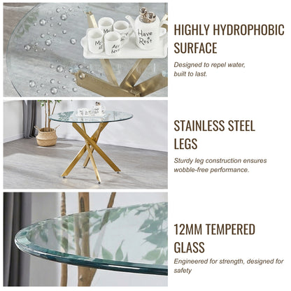 Modern 5-Piece Round Glass Dining Set – 12mm Tempered Glass Table with Velvet Nailhead Chairs