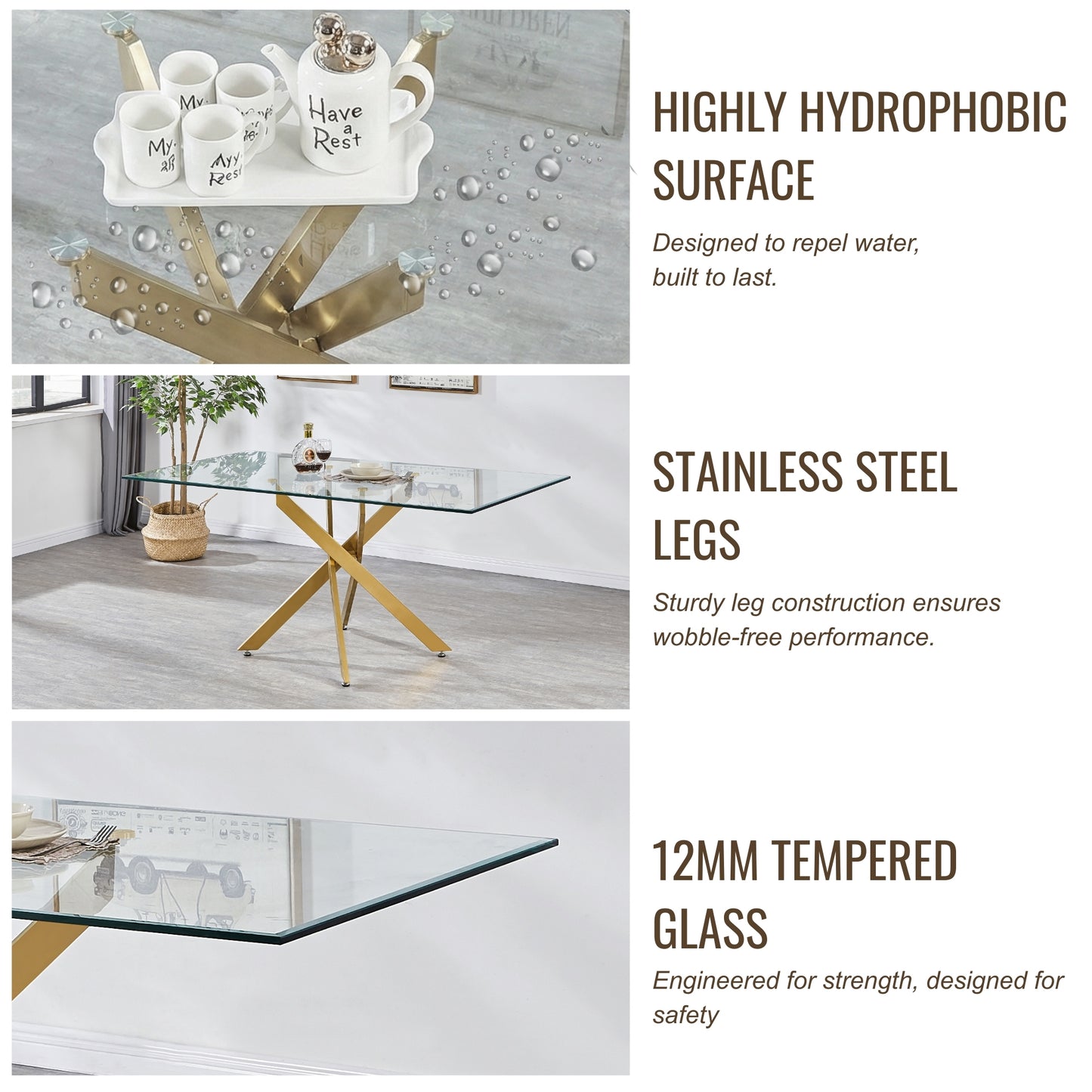 Modern 7-Piece Rectangular Glass Dining Set – 12mm Tempered Glass Table with Velvet Nailhead Chairs