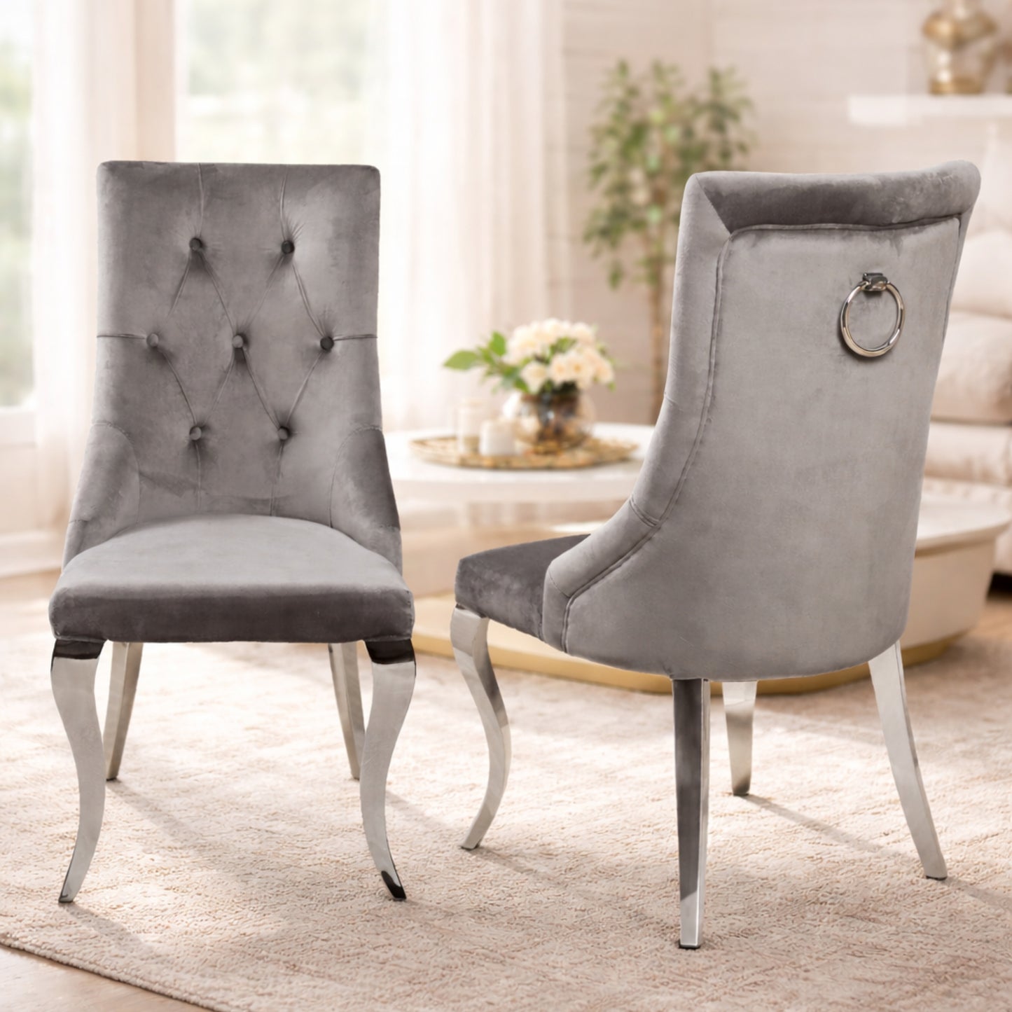 Lily Grey Velvet Dining Chair with Chrome Ring Knocker Set of 2