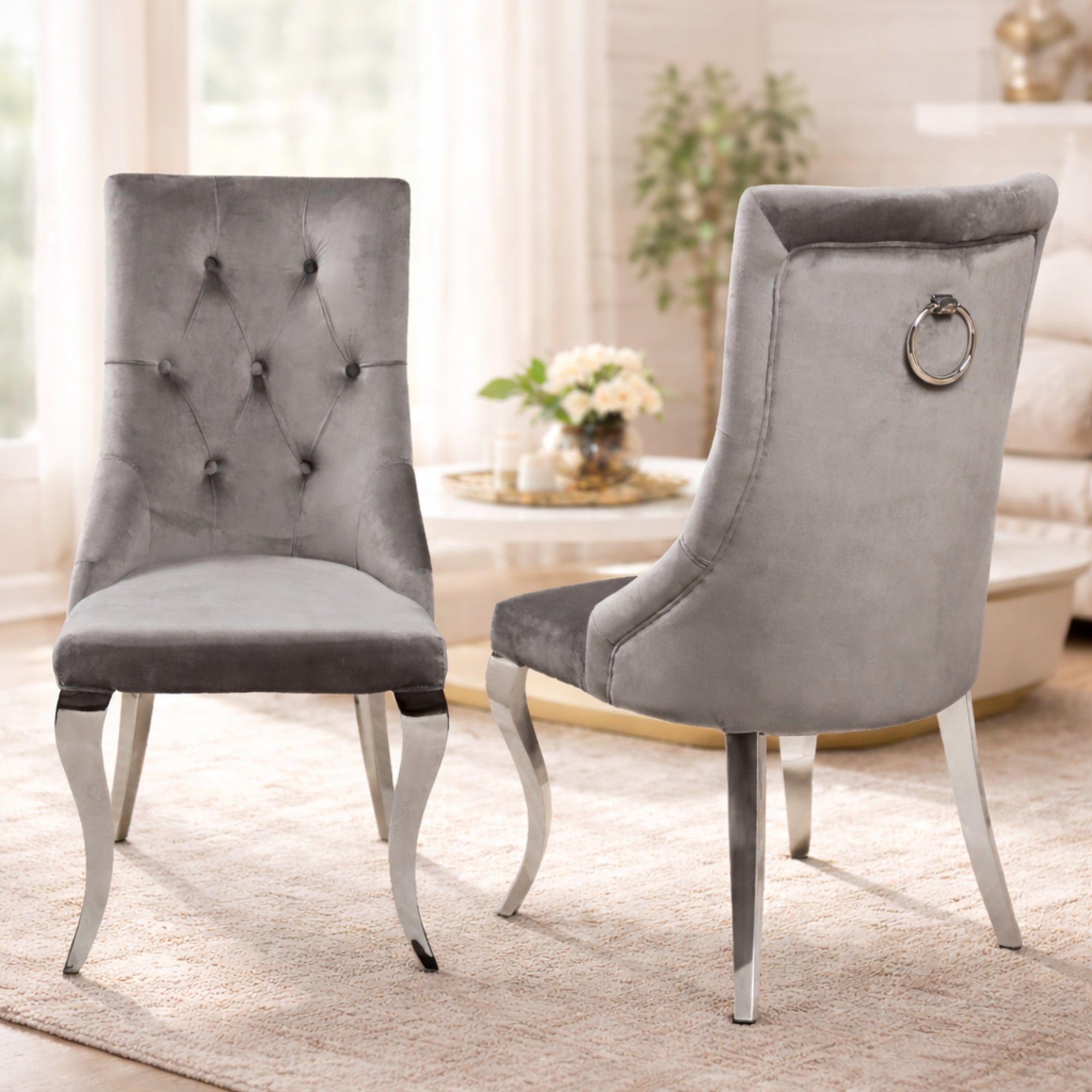 Lily Grey Velvet Dining Chair with Chrome Ring Knocker Set of 2