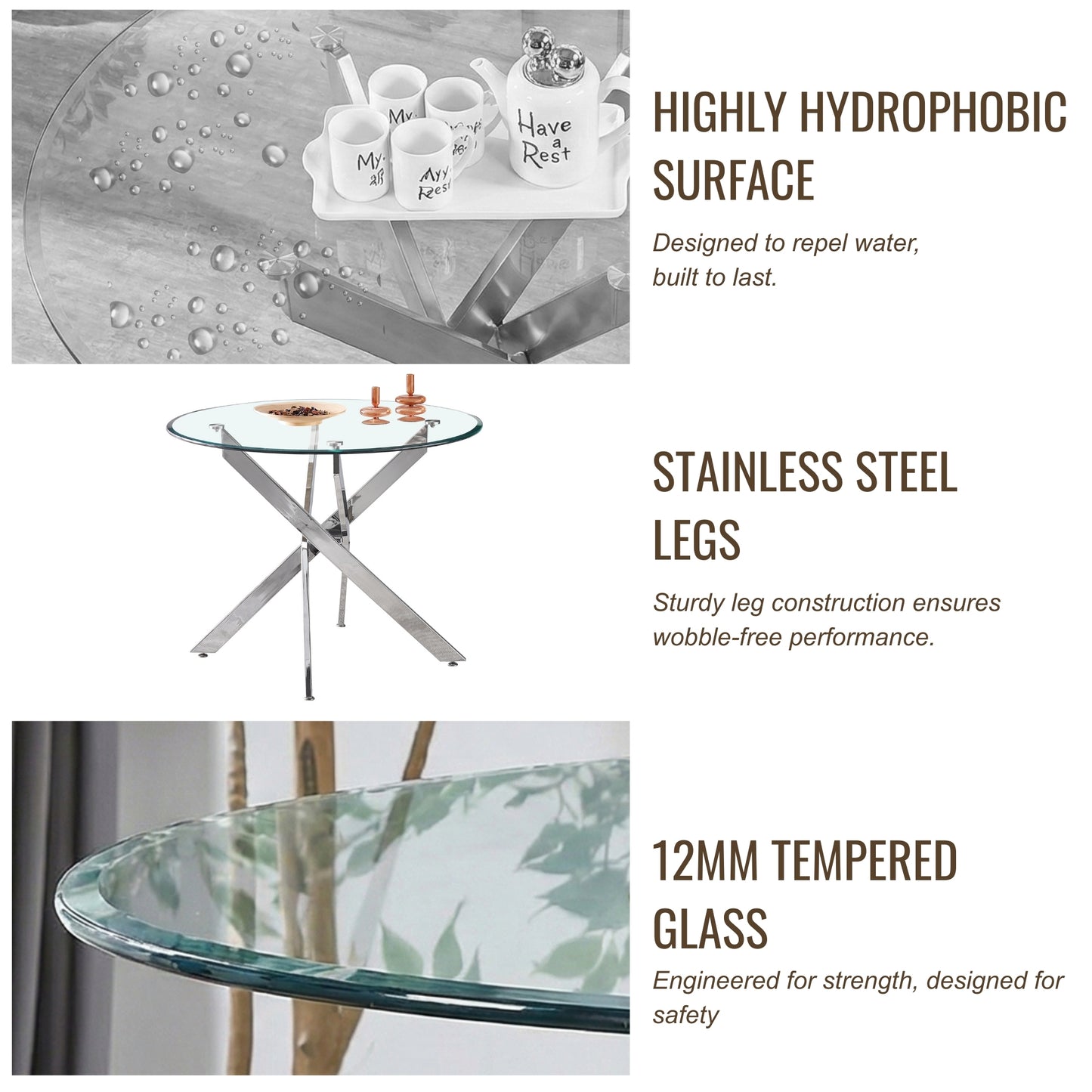 Modern Sword 5-Piece Round Glass Dining Set – 12mm Tempered Glass Table with Faux Leather Chairs