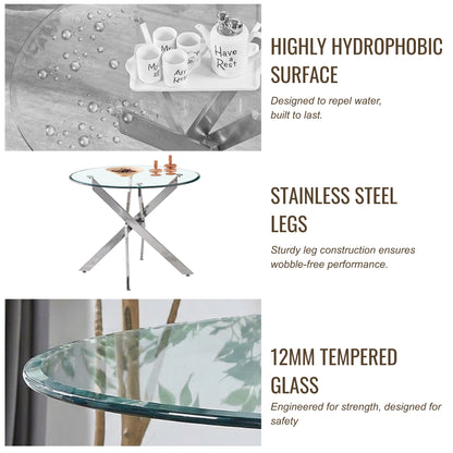 Modern Sword 5-Piece Round Glass Dining Set – 12mm Tempered Glass Table with Faux Leather Chairs