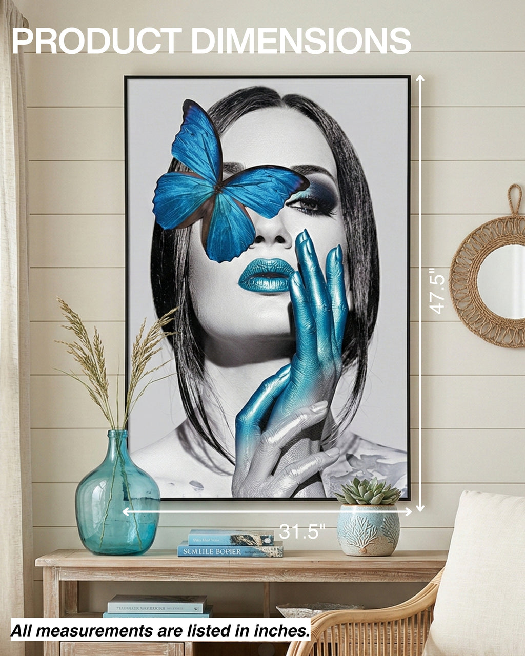 Tableau « Dame au papillon bleu » avec cadre en métal 