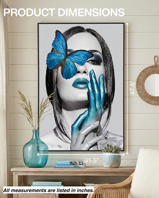 LADY WITH BLUE BUTTERFLY Wall Art with Metal Frame